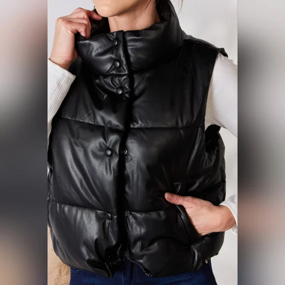 Love Tree Designer Black Faux Leather Snap and Zip Closure Puffy Vest Coat